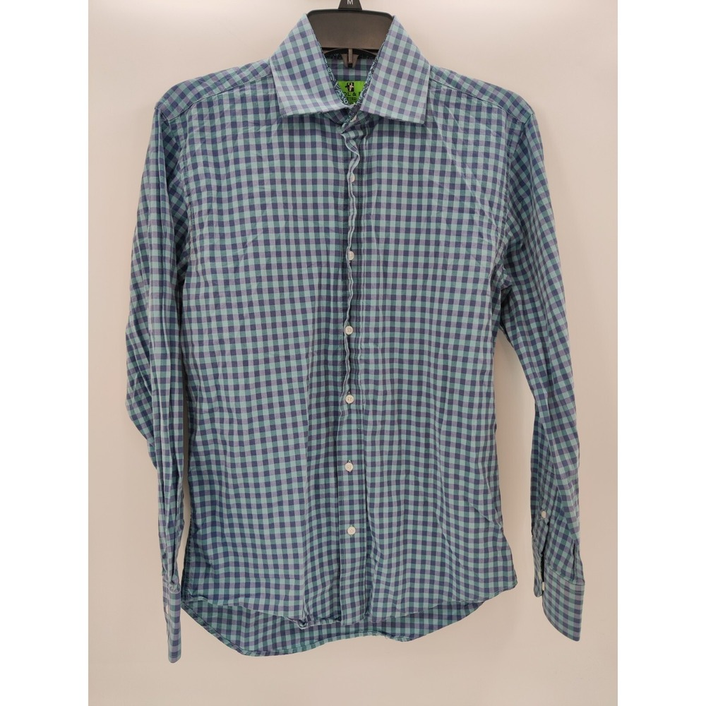 Bristol & Bull Blue Teal Gingham Cotton Fitted Button Down Shirt Paisley Trim S